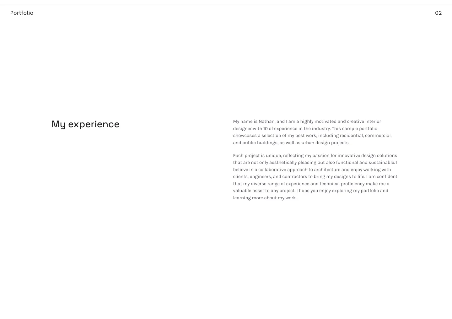 The second page of the PDF architecture portfolio, with a short description of the architect’s work experience